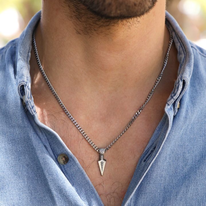 Spearhead Engraved Necklace - Sterling Silver