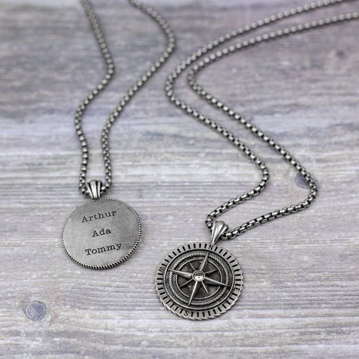 Family Compass Men Engraved Necklace - Sterling Silver